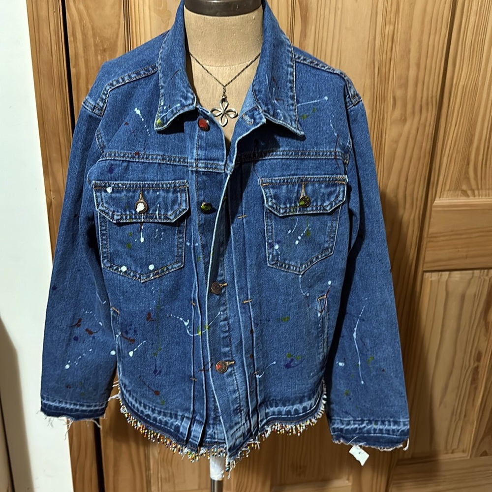 Denim Paint Splatter Button Down Jacket Large New - image 1